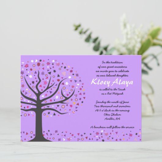 Abstact Tree of Life Bat Mitzvah Invitation Paars Kaart (Staand voorkant)