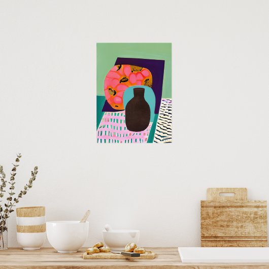 Abstact Vase en tabelinstelling in Aqua en Oranje Poster (Keuken)