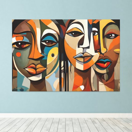 ABSTR_24-005, Abstracte kubistische gezichten Art Canvas Afdruk (Insitu (Houten vloer))