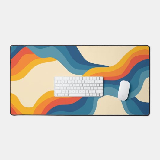 Abstract 70s Retro Sinaasappel Blauw Wavy Stripe P Bureaumat (Keyboard & Muis)
