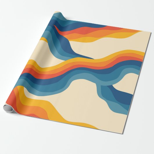 Abstract 70s Retro Sinaasappel Blauw Wavy Stripe P Cadeaupapier (Uitgerold)