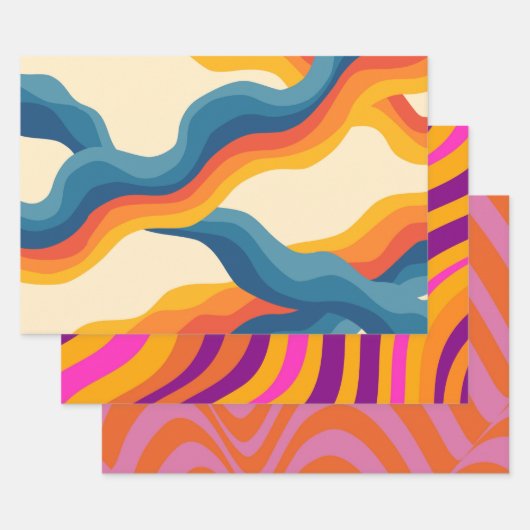 Abstract 70s Retro Sinaasappel Blauw Wavy Stripe P Inpakpapier Vel (Set)