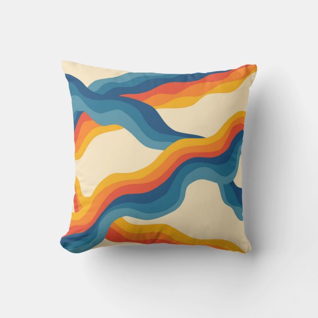 Abstract 70s Retro Sinaasappel Blauw Wavy Stripe P Kussen (Voorkant)