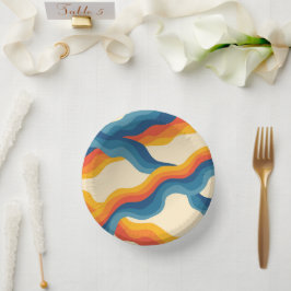 Abstract 70s Retro Sinaasappel Blauw Wavy Stripe P Papieren Kommen