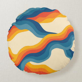 Abstract 70s Retro Sinaasappel Blauw Wavy Stripe P Rond Kussen