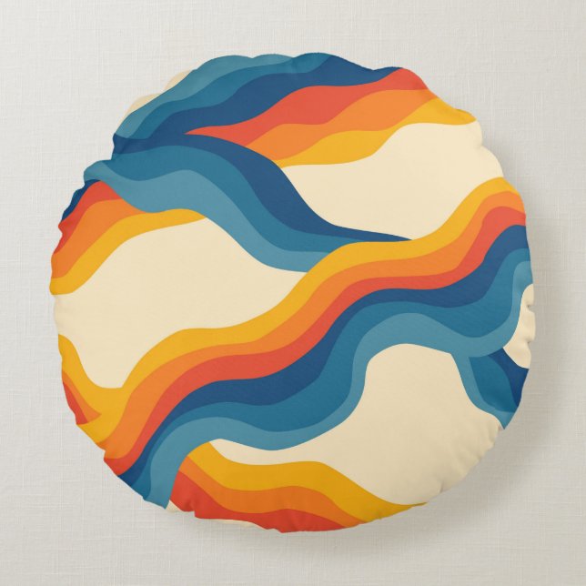 Abstract 70s Retro Sinaasappel Blauw Wavy Stripe P Rond Kussen (Voorkant)
