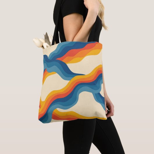 Abstract 70s Retro Sinaasappel Blauw Wavy Stripe P Tote Bag (Dichtbij)