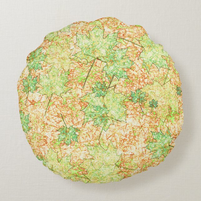 Abstract acerblad op krasbodem, op beige rond kussen (Achterkant)