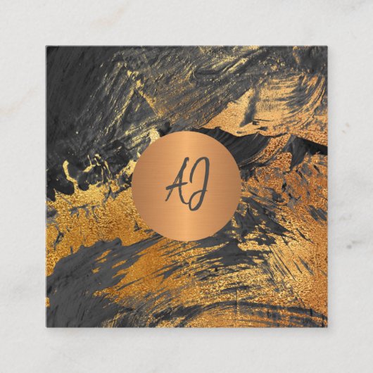 Abstract acryl geschilderd goud zwart monogram vierkante visitekaartje (Voorkant)