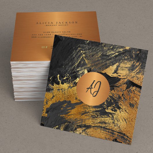 Abstract acryl geschilderd goud zwart monogram vierkante visitekaartje