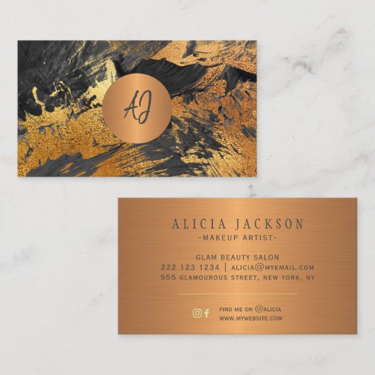 Abstract acryl schilderij goud zwart monogram visitekaartje (Voorkant / Achterkant)