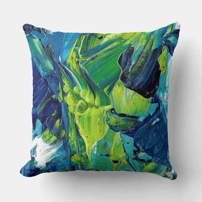 Abstract acrylverf in blauw kussen (Voorkant)