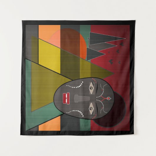 Abstract afrikaans masker in retro kleuren wandkleed (Voorkant (horizontaal))