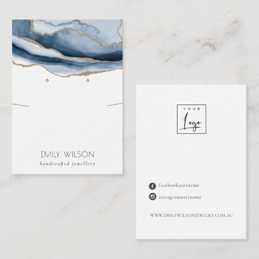 Abstract Agate Blue Gold Ketting Verdien beeldsche Visitekaartje (Voorkant / Achterkant)
