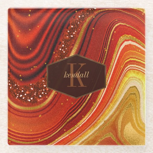 Abstract Agate Monogram heet Sinaasappel ID827 Glazen Onderzetter (Voorkant)