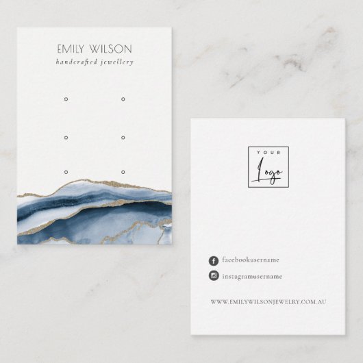 Abstract Agate Navy Gold 3 Stud Earning Display Visitekaartje (Voorkant / Achterkant)