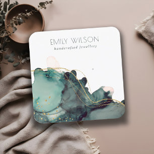 Abstract Alcohol Ink Gold Green-draagbeeldscherm Vierkante Visitekaartje