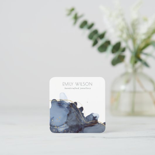 Abstract Alcohol Ink Gold Navy Earning Display Vierkante Visitekaartje (Staand voorkant)