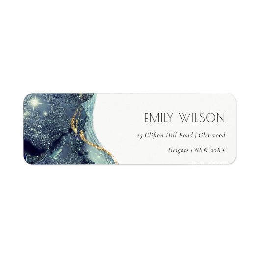 Abstract Alcohol Ink Silver Navy Glitter Adres Etiket (Voorkant)