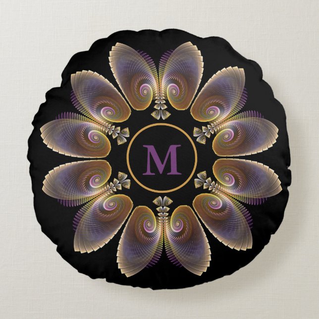 Abstract Angel Wings Mandala Fractal Monogram Rond Kussen (Voorkant)