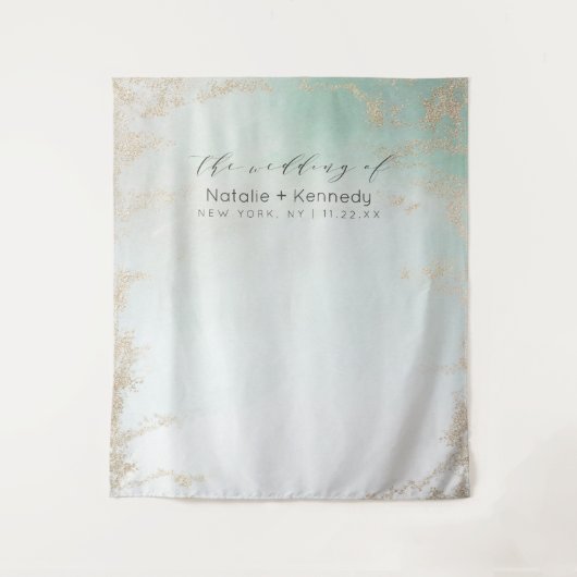 Abstract Aqua Ombre Fade met Mat Goud Glitter Wandkleed (Voorkant)