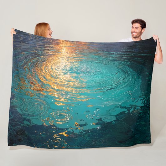 Abstract Aqua Waves with Golden Sunlight Fleece Deken (In situ)