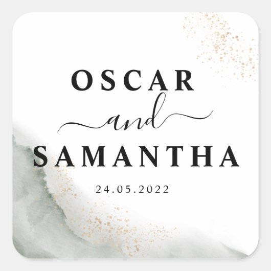 Abstract Aquarel Groene Kwasten & Goud Vierkante Sticker (Voorkant)