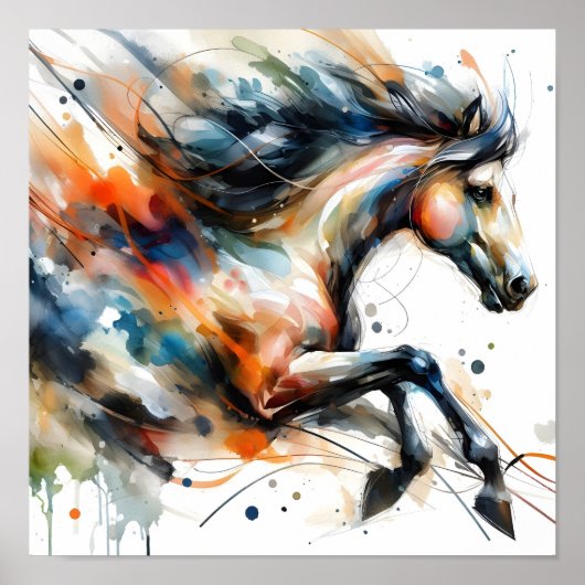 Abstract Aquarel Rennend Paard Poster (Voorkant)
