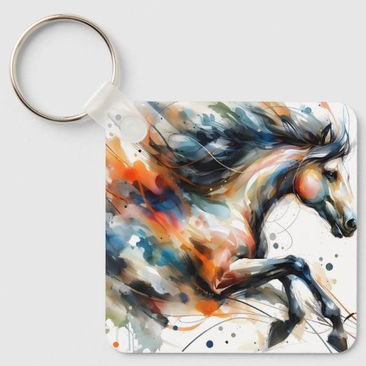 Abstract Aquarel Rennend Paard Sleutelhanger (Voorkant)
