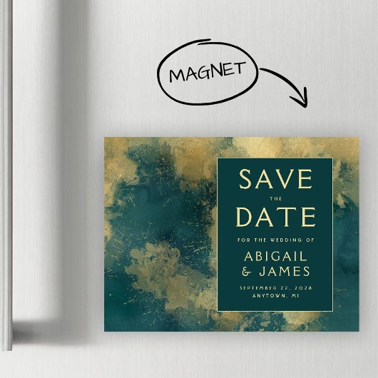 Abstract Aquarel Teal Goud Bewaar de Datum Magnetische Uitnodiging