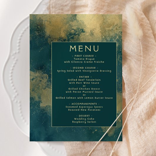 Abstract Aquarel Teal Goud Bruiloft Menu
