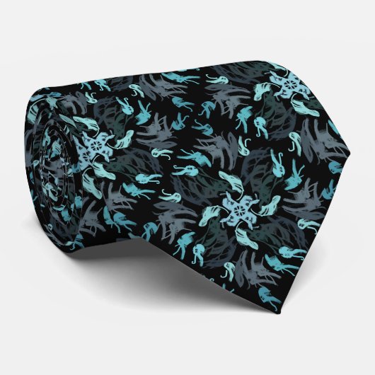 Abstract Aquatic Shaded Repeat Pattern On Black Stropdas (Opgerold)
