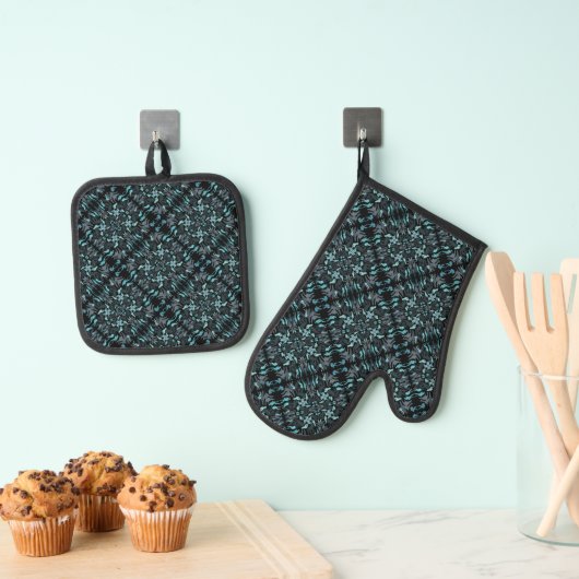 Abstract Aquatic Shaded Repeating Pattern Swirls Ovenwant & Pannenlap Set (Insitu(Ophanging))