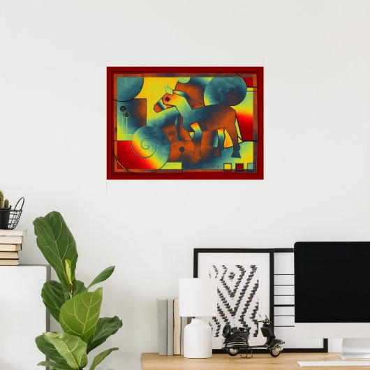 Abstract ART - A HORSE - blauw rood geel Poster (Thuiskantoor)