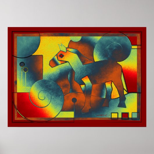Abstract ART - A HORSE - blauw rood geel Poster (Voorkant)