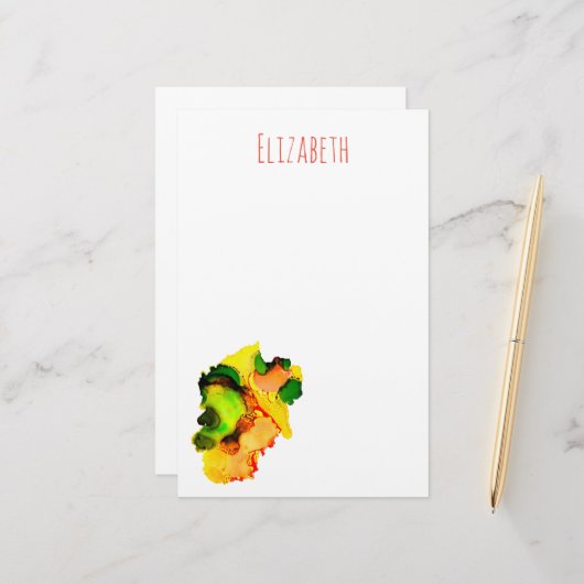 Abstract Art Alcohol Inkt Geel Groen Briefpapier (Voorkant / Achterkant in situ)