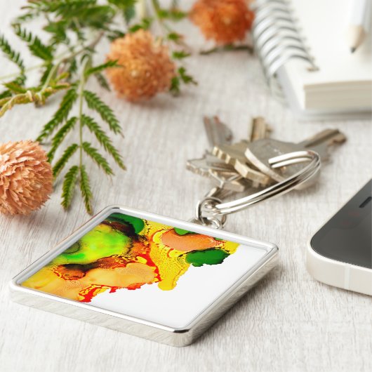 Abstract Art Alcohol Inkt Geel Groen Sleutelhanger (Zijkant)