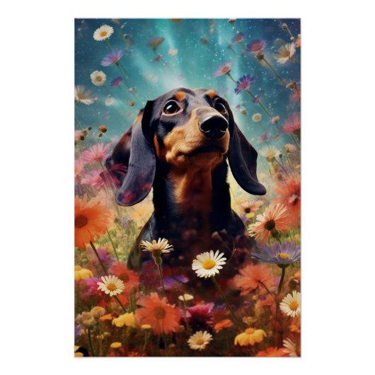 Abstract Art Dachshund met bloemen Perfect Poster (Voorkant)