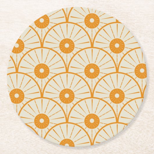 Abstract Art Deco Zon Patroon Oranje Ronde Kartonnen Onderzetter (Voorkant)