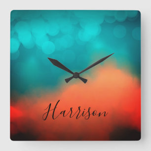 Abstract Art Script Naam Blauw Blauwgroen Sinaasap Vierkante Klok