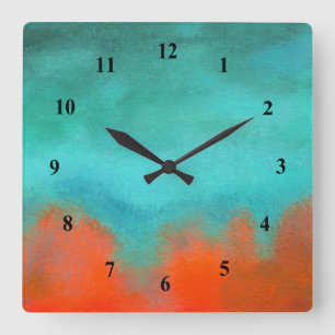 Abstract Art Sky Fire Lava Coral Turquoise Oranje Vierkante Klok
