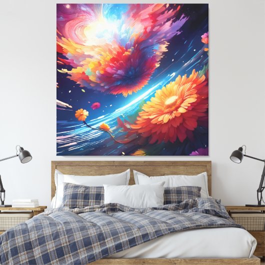 Abstract art with flowers in space canvas afdruk (Insitu (Slaapkamer))
