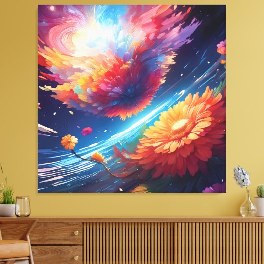 Abstract art with flowers in space canvas afdruk (Insitu (Woonkamer))