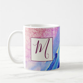 Abstract artistiek blauw roze monogram koffiemok