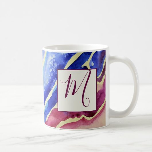 Abstract artistiek blauw roze monogram koffiemok (Rechts)