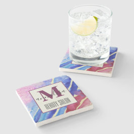 Abstract artistiek blauw roze schoonheidssalon mon stenen onderzetter