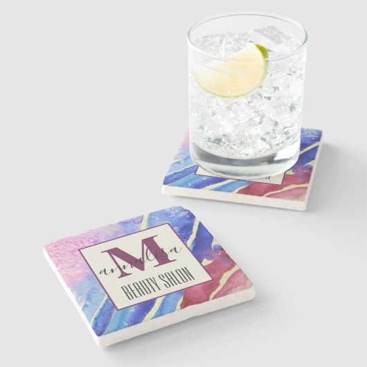 Abstract artistiek blauw roze schoonheidssalon mon stenen onderzetter (Zijkant)