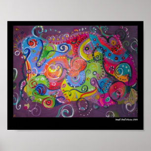 Abstract aubergine- en kleurenzwenkschilderij op poster