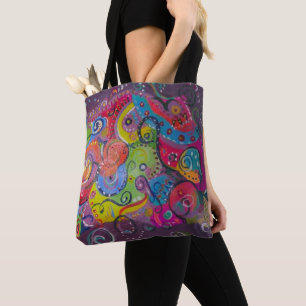 Abstract aubergine- en kleurenzwenkschilderij op tote bag