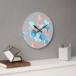 Abstract Bauhaus Halve Cirkels Mod Pop Kunstpatroo Grote Klok<br><div class="desc">Prachtig hedendaags blauw, muntgroen, koraal sinaasappel, en blush roze gekleurde geometrische halve cirkels en vierkanten patroon , elegant, en funky hipster ontwerp voor de fancy artistieke interieurontwerper, artsy mode diva, populaire hippe trendsetter, retro, nouveau deco art stijl, of abstracte grafische digitale geometrische motief liefhebber. Beschikbaar op een verscheidenheid van moderne...</div>